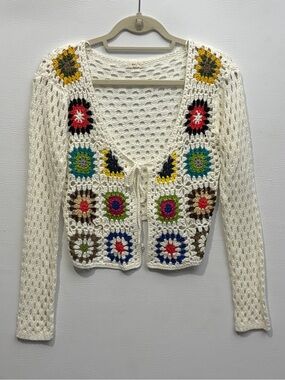 Debut brand ivory granny square crochet tie-front cardigan sweater Medium